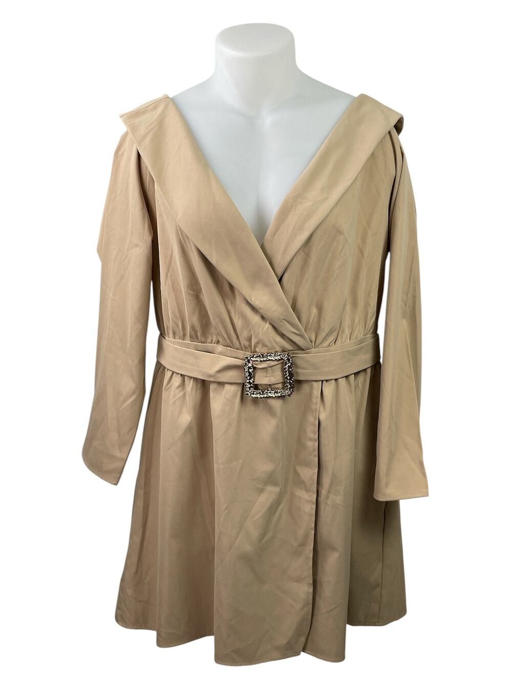 PrettyLittleThing Tan Camel Bardot Belt V Neck Long Sleeve Mini Shift Dress 16